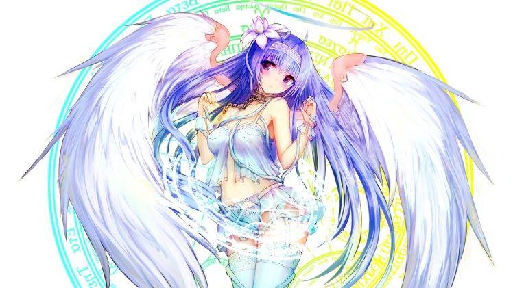 anime Girls, Anime, Purple Hair, Long Hair, Thigh highs, Wings, Purple Eyes, Original Characters, Angel HD Wallpaper Desktop Background