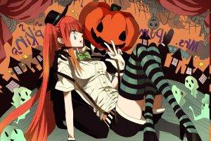 Vocaloid, Hatsune Miku, Twintails, Chess, Thigh highs, Orange Hair, Green Eyes, Halloween, Pumpkin, Anime, Redhead