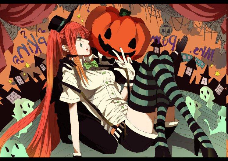 Vocaloid, Hatsune Miku, Twintails, Chess, Thigh highs, Orange Hair, Green Eyes, Halloween, Pumpkin, Anime, Redhead HD Wallpaper Desktop Background