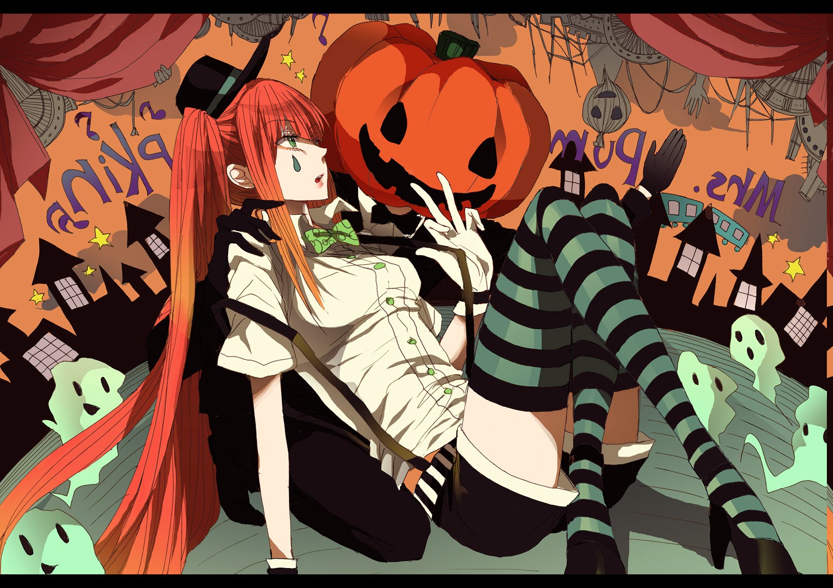 Vocaloid, Hatsune Miku, Twintails, Chess, Thigh highs, Orange Hair, Green Eyes, Halloween, Pumpkin, Anime, Redhead Wallpaper