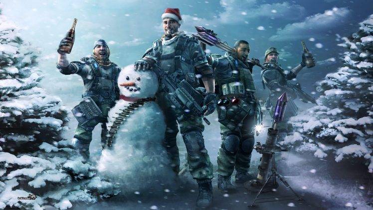 snowman, Snow, Christmas, Army Gear, Army, Wine, Gun, Winter, Ammunition, Ammobelt, Killzone HD Wallpaper Desktop Background