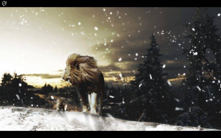 lion, Snow, Animals, Landscape, Photo Manipulation, Trees, Adobe Photoshop HD Wallpaper Desktop Background