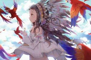 anime, Anime Girls, Original Characters, Animals, Birds, Feathers, Brunette, Tribal, Parrot, Fantasy Art, Macaws