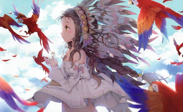 anime, Anime Girls, Original Characters, Animals, Birds, Feathers, Brunette, Tribal, Parrot, Fantasy Art, Macaws HD Wallpaper Desktop Background