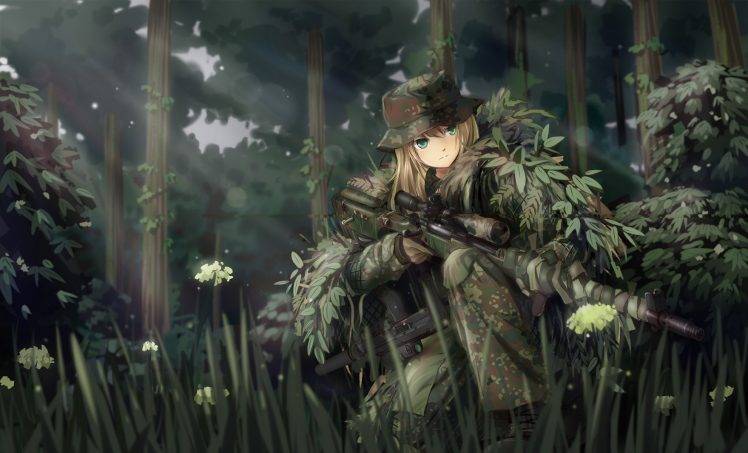 anime, Anime Girls, Original Characters, Military, Weapon, Camouflage, Ghillie Suit, Sniper Rifle, MP7, Forest, Soldier, Gun, TC1995, Fantasy Art, Manga HD Wallpaper Desktop Background
