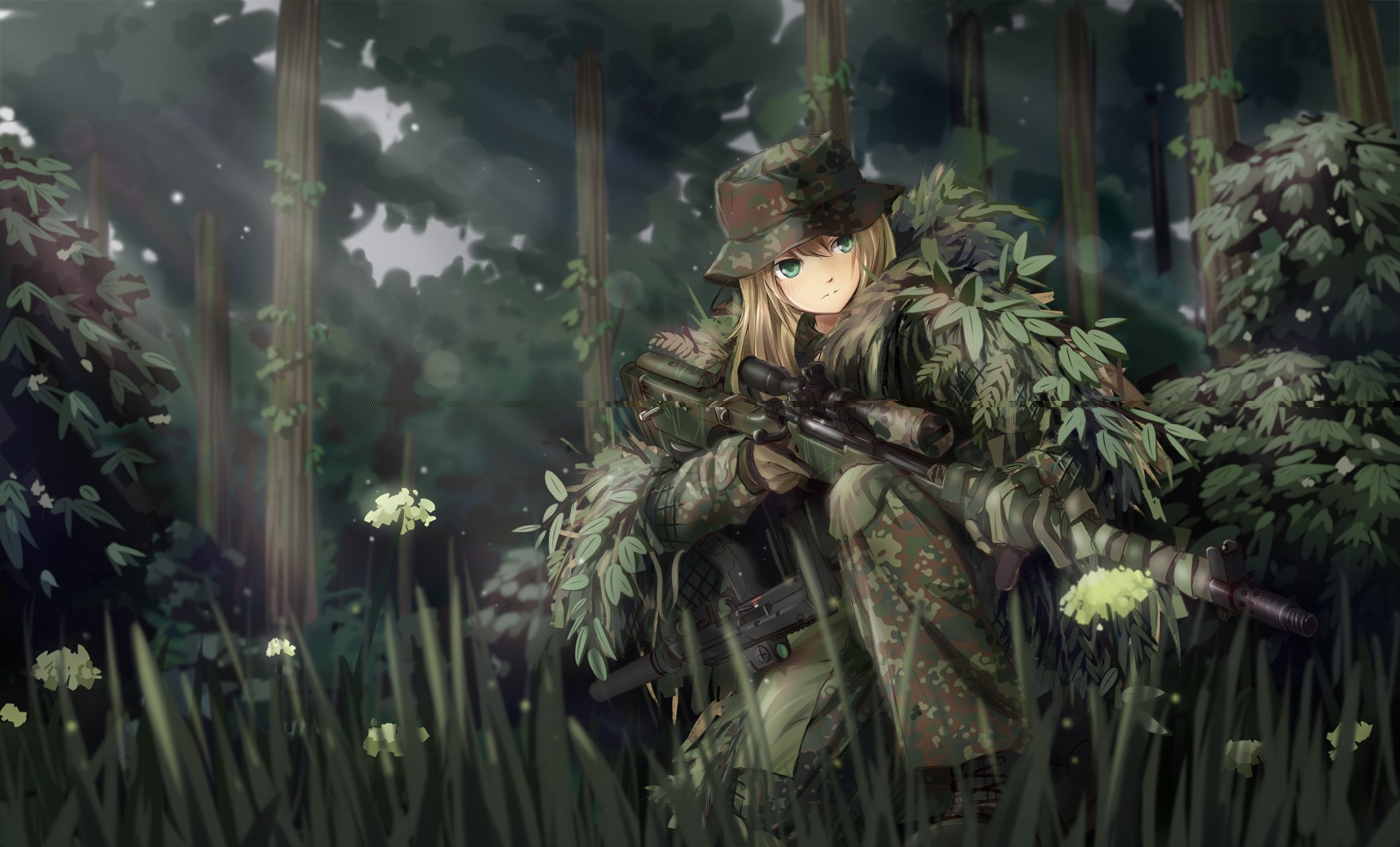 anime, Anime Girls, Original Characters, Military, Weapon, Camouflage, Ghillie Suit, Sniper Rifle, MP7, Forest, Soldier, Gun, TC1995, Fantasy Art, Manga Wallpaper