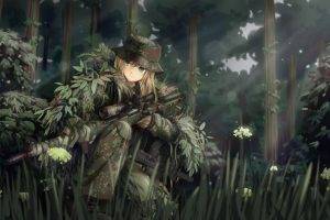 anime, Anime Girls, Original Characters, Military, Weapon, Camouflage, Ghillie Suit, Sniper Rifle, MP7, Forest, Soldier, Gun, TC1995, Fantasy Art, Manga