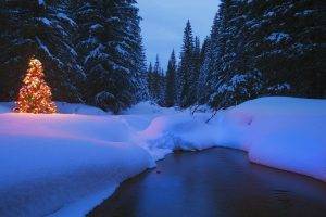 landscape, Winter, Trees, Snow, Christmas, River, Night, Nature