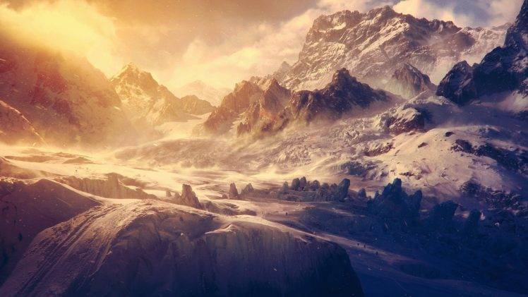 mountain, Landscape, Nature, Snow, Sunlight, Digital Art, Winter HD Wallpaper Desktop Background