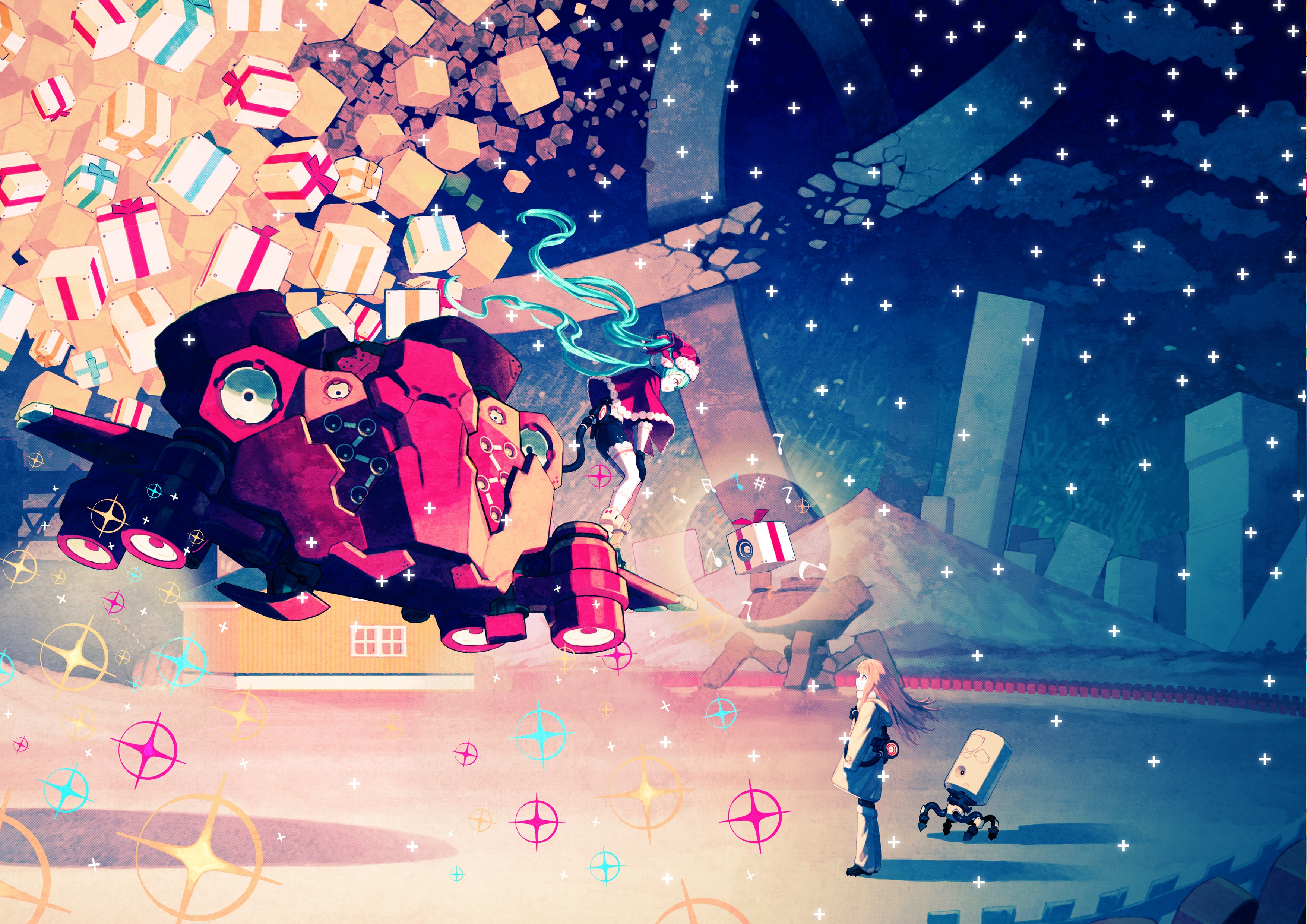 Christmas, Hatsune Miku, Night, Fan Art, Colorful Wallpaper