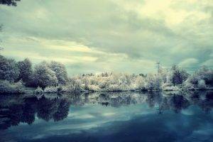 lake, Winter, Snow, Trees, Nature, Landscape, Power Lines