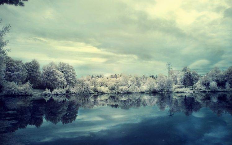 lake, Winter, Snow, Trees, Nature, Landscape, Power Lines HD Wallpaper Desktop Background