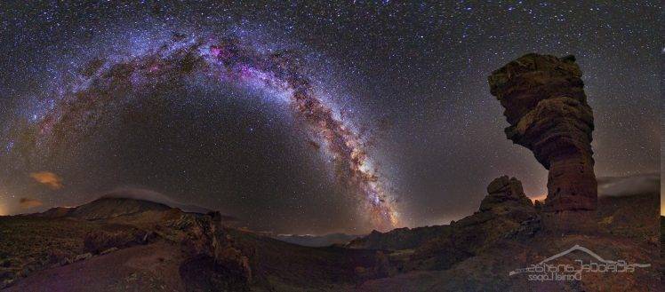 sky, Stars, Desert, Landscape, Rock Formation, Night, Milky Way, Canary Islands HD Wallpaper Desktop Background