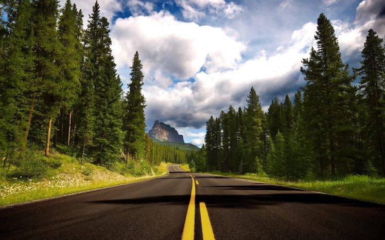 trees, Nature, Road, Forest, Landscape, Sky, Mountain, Banff National Park, Canada HD Wallpaper Desktop Background