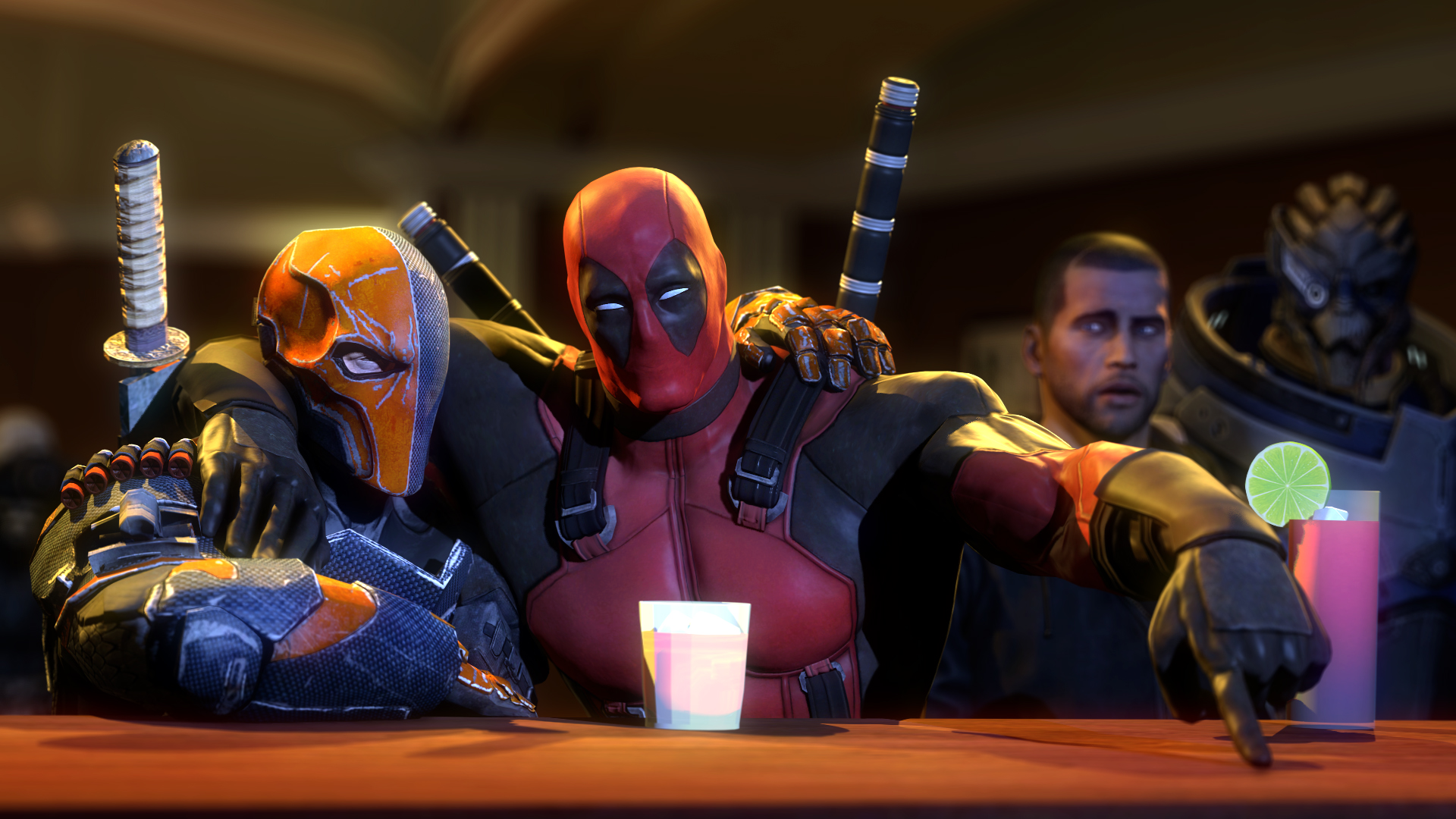 Deadpool, Mass Effect, John Shepard, Garrus Vakarian, Deathstroke