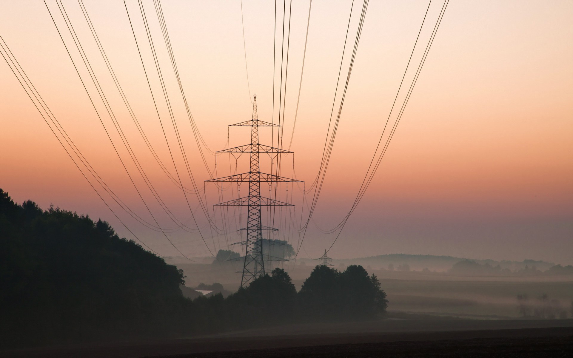 power Lines, Mist, Landscape, Utility Pole Wallpaper