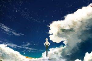 anime, Neon Genesis Evangelion, Landscape, Sky, Kaworu Nagisa, Clouds, Short Hair, White Hair, Stars, Flying