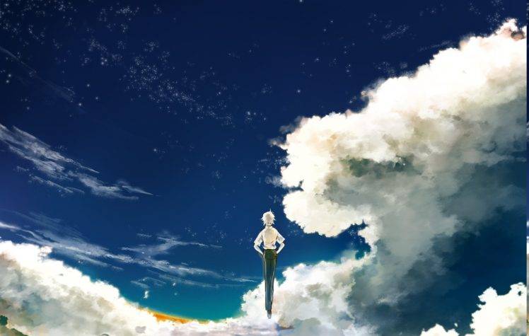 anime, Neon Genesis Evangelion, Landscape, Sky, Kaworu Nagisa, Clouds, Short Hair, White Hair, Stars, Flying HD Wallpaper Desktop Background