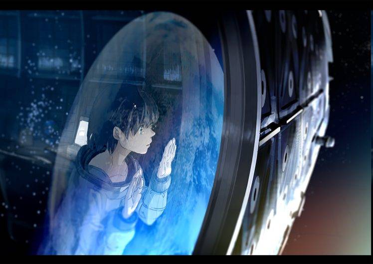 anime, Landscape, Green Eyes, Kurono Kuro, Space, Spaceship, Short Hair, Earth HD Wallpaper Desktop Background