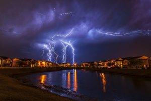 landscape, Lightning, House, Reflection, Water, Storm, Oklahoma