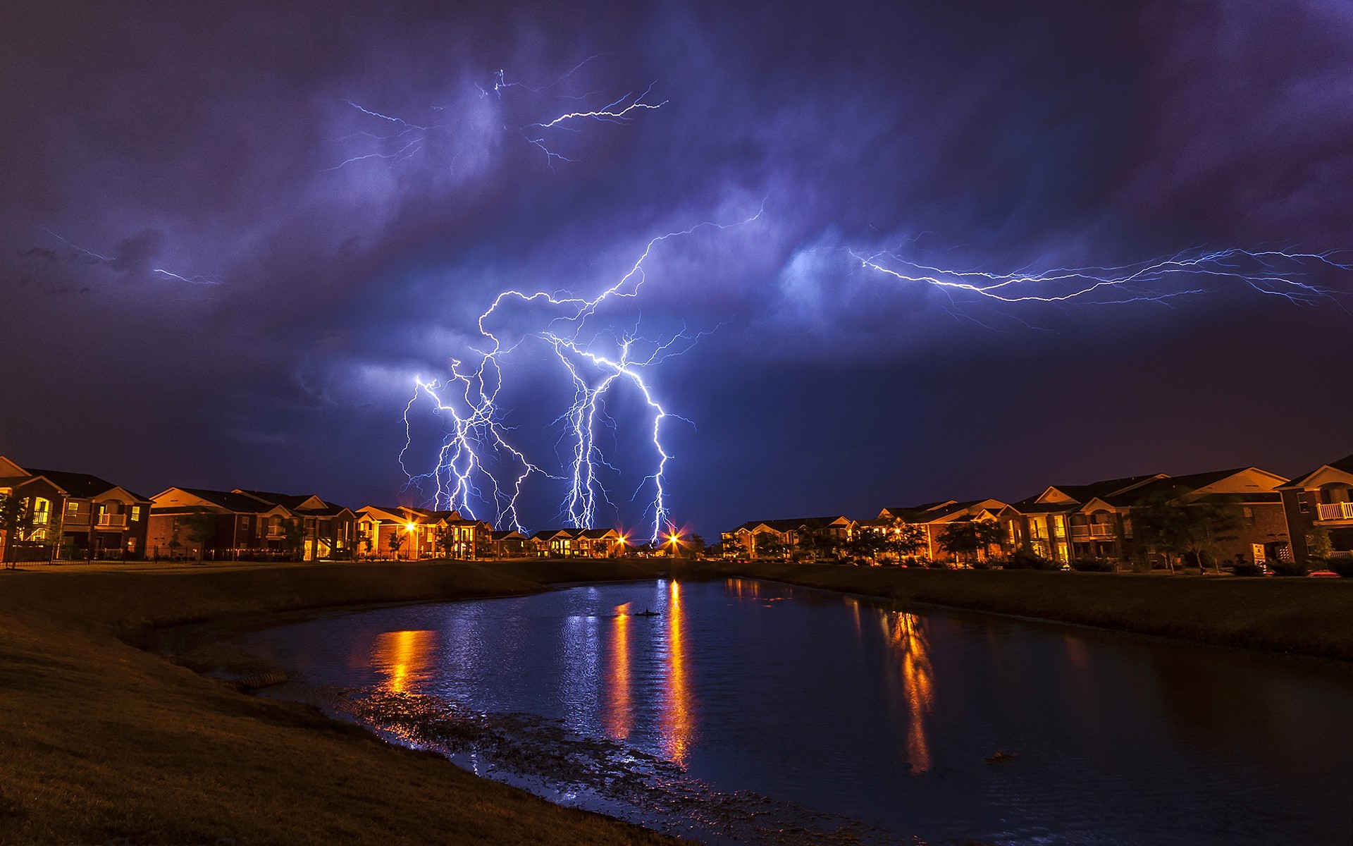 landscape, Lightning, House, Reflection, Water, Storm, Oklahoma