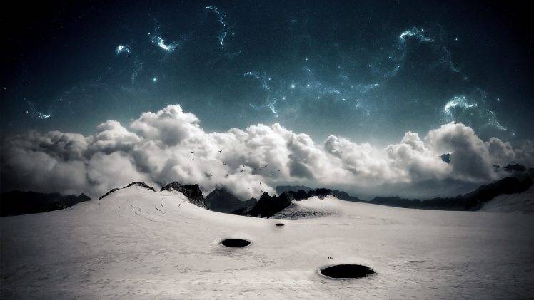 minimalism, Desert, Clouds, Snow, Night, Stars, Mountain, Landscape HD Wallpaper Desktop Background