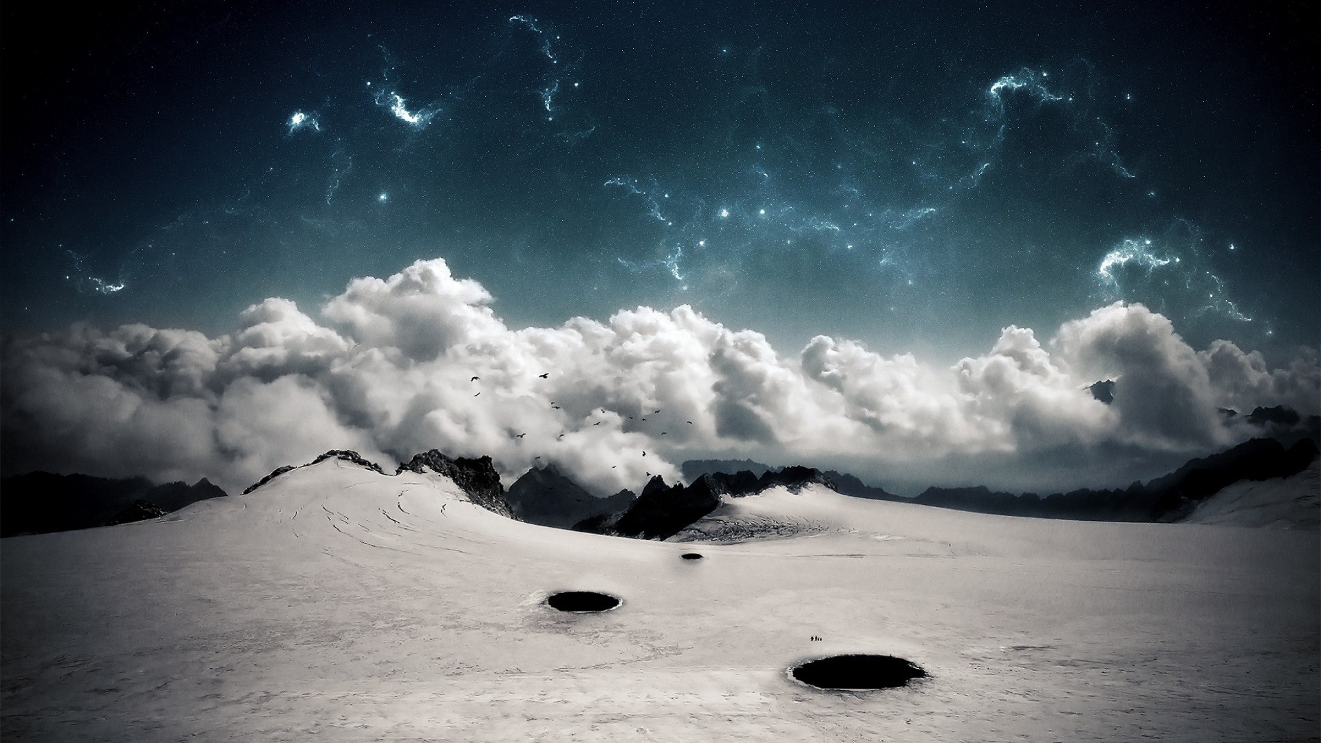 minimalism, Desert, Clouds, Snow, Night, Stars, Mountain, Landscape Wallpaper
