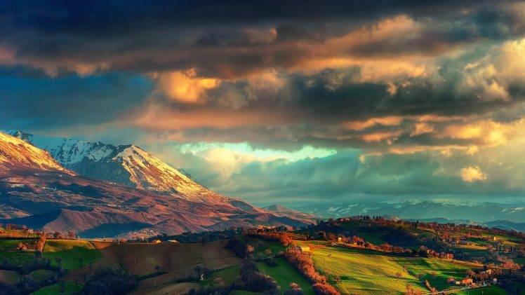 mountain, Field, Hill, Clouds, Blue, Orange, Green, Landscape, Valley, Galaxy HD Wallpaper Desktop Background