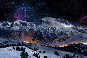 mountain, Space, Stars, Purple, Blue, Snow, Valley, Landscape