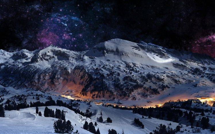 mountain, Space, Stars, Purple, Blue, Snow, Valley, Landscape HD Wallpaper Desktop Background