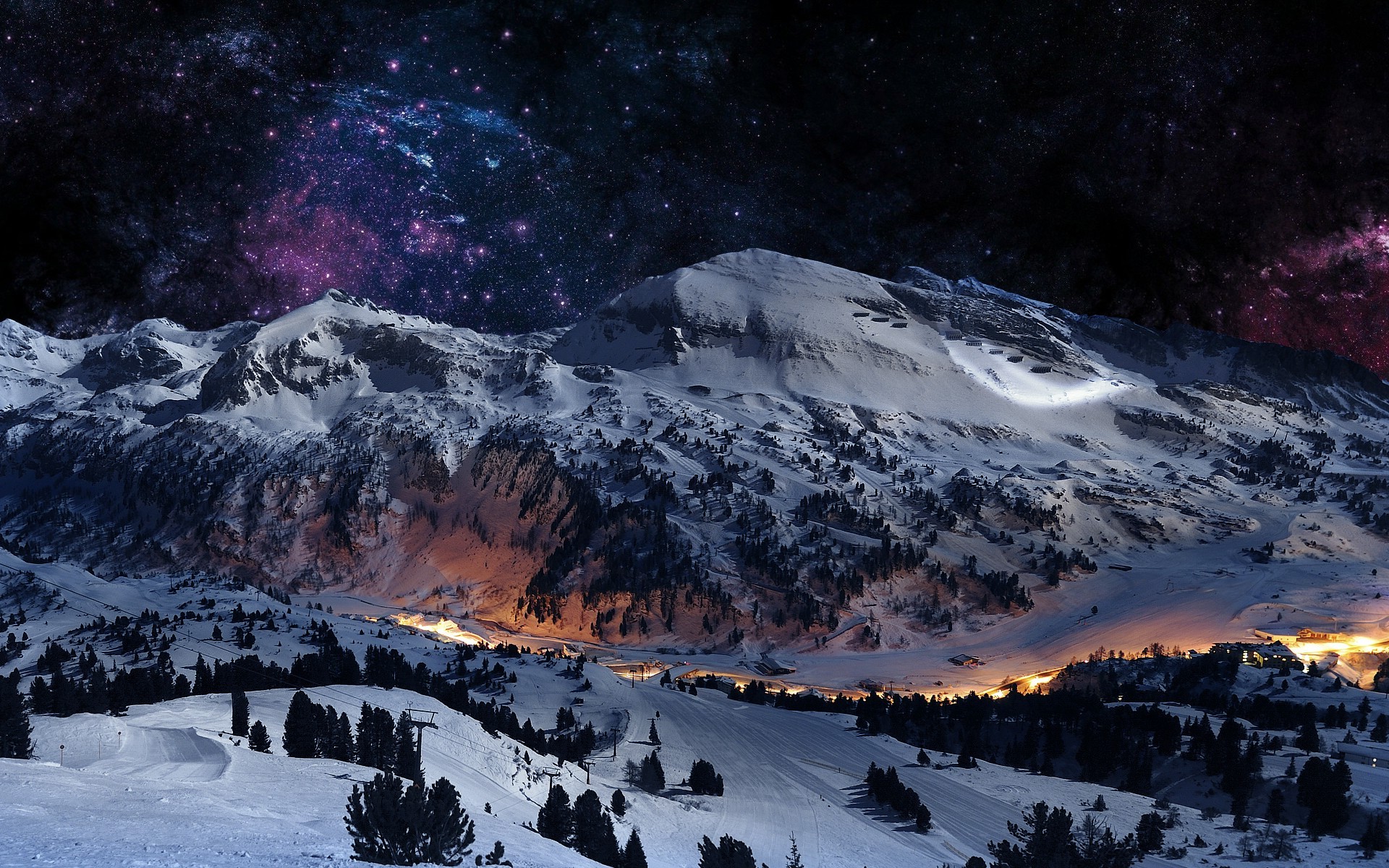 mountain, Space, Stars, Purple, Blue, Snow, Valley, Landscape