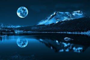moonlight, Moon, Water, Lake, Pond, Mountain, Nature, Landscape, Trees, Forest, Winter, Blue