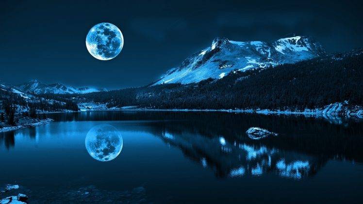 moonlight, Moon, Water, Lake, Pond, Mountain, Nature, Landscape, Trees, Forest, Winter, Blue HD Wallpaper Desktop Background