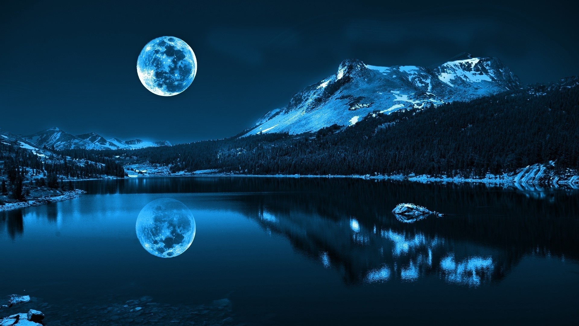 moonlight, Moon, Water, Lake, Pond, Mountain, Nature, Landscape, Trees, Forest, Winter, Blue Wallpaper