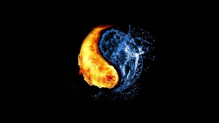 fire, Water, Yin And Yang, Abstract, Black Background HD Wallpaper Desktop Background