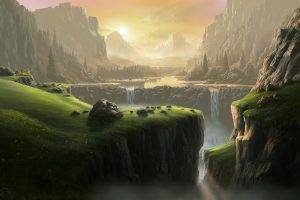 landscape, Waterfall, Fantasy Art, River, Mountain