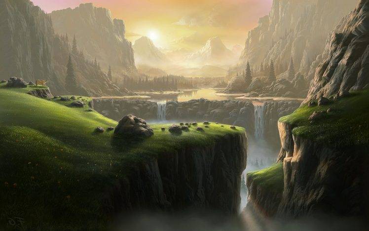 landscape, Waterfall, Fantasy Art, River, Mountain HD Wallpaper Desktop Background