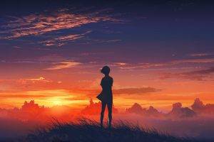 anime Girls, Anime, Sunset, Sky, Clouds, Original Characters