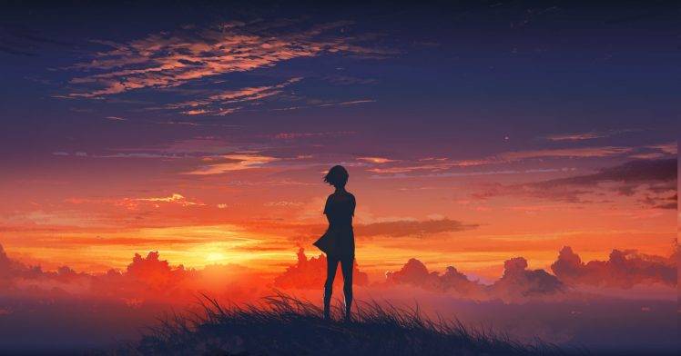 anime Girls, Anime, Sunset, Sky, Clouds, Original Characters HD Wallpaper Desktop Background