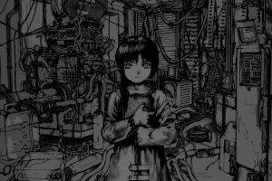 Serial Experiments Lain, Anime Girls, Monochrome, Machine