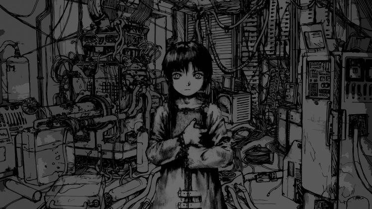 Serial Experiments Lain, Anime Girls, Monochrome, Machine HD Wallpaper Desktop Background