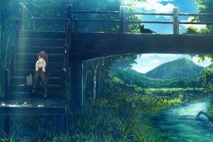 anime, River, Bridge, Cat, Senjougahara Hitagi, Monogatari Series, Anime Girls