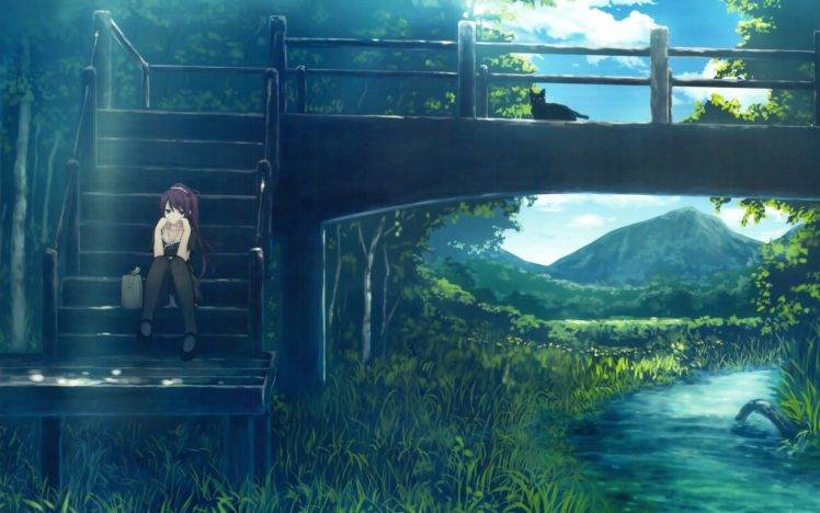 anime, River, Bridge, Cat, Senjougahara Hitagi, Monogatari Series, Anime Girls HD Wallpaper Desktop Background