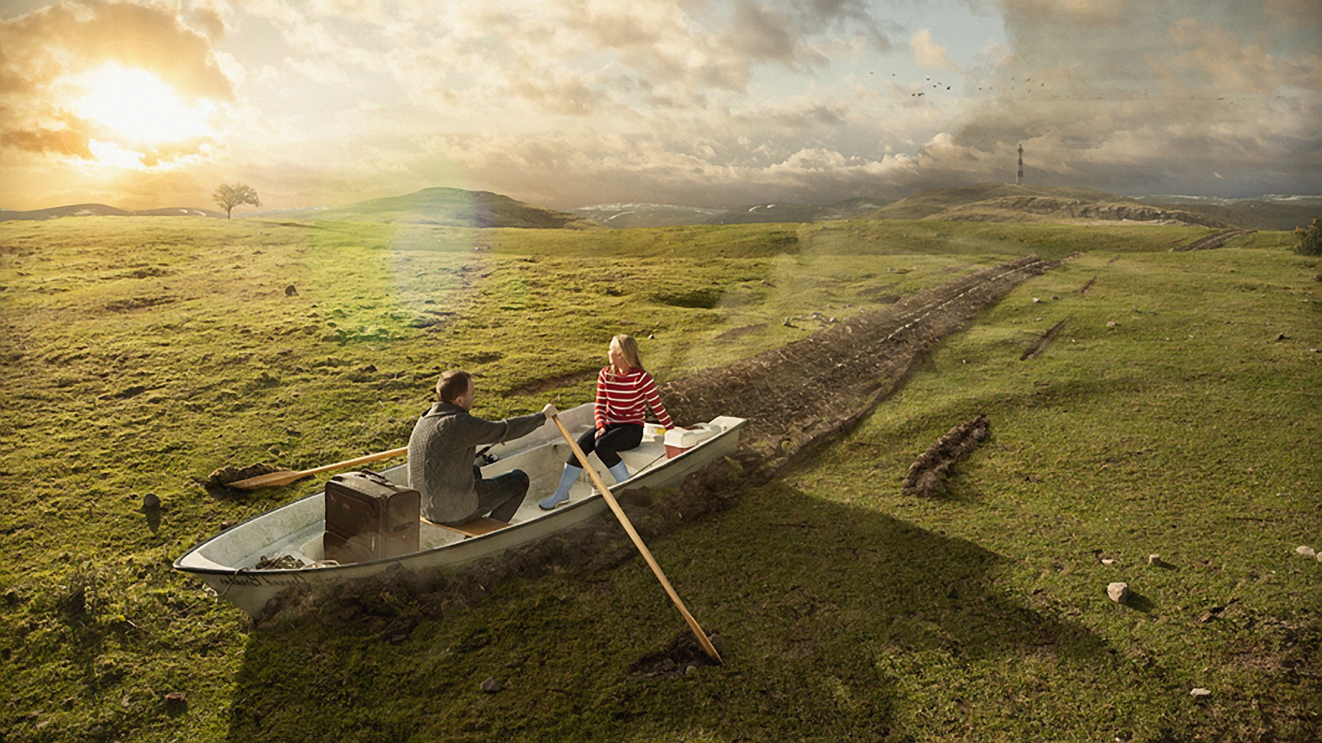 abstract, Boat, Field, Couple Wallpaper