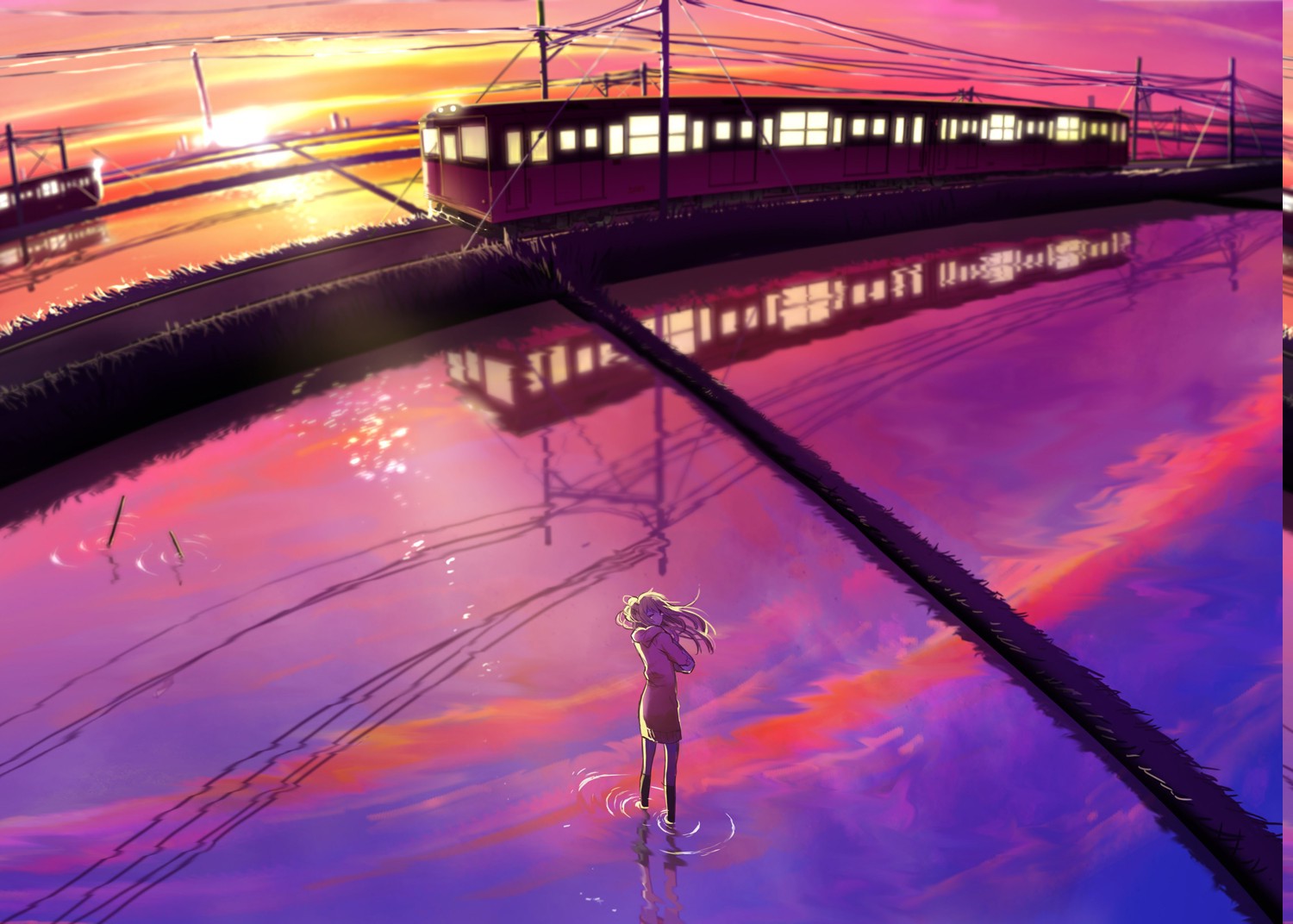 landscape, Train, Sunset Wallpaper