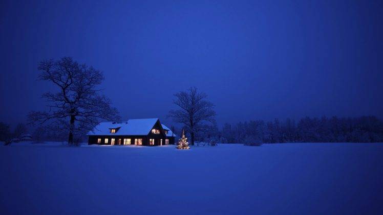 snow, House, Trees, Night, Landscape HD Wallpaper Desktop Background
