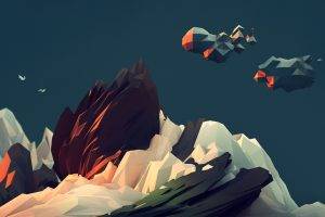 low Poly, Abstract, Mountain, Clouds, Teal