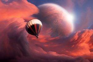 hot Air Balloons, Abstract, Artwork, Clouds, Planet, Glowing