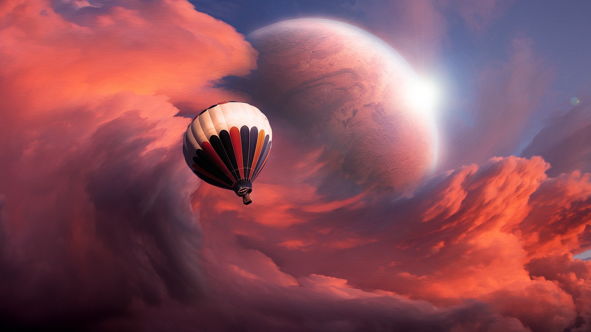 hot Air Balloons, Abstract, Artwork, Clouds, Planet, Glowing Wallpaper