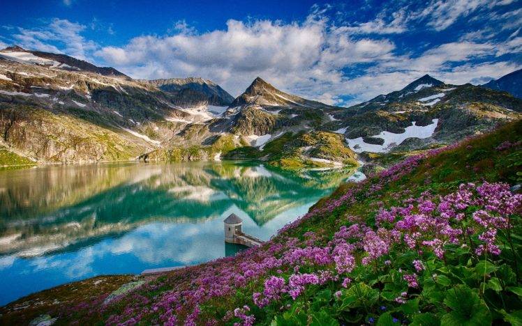 landscape, Mountain, Lake, Flowers, Reflection HD Wallpaper Desktop Background